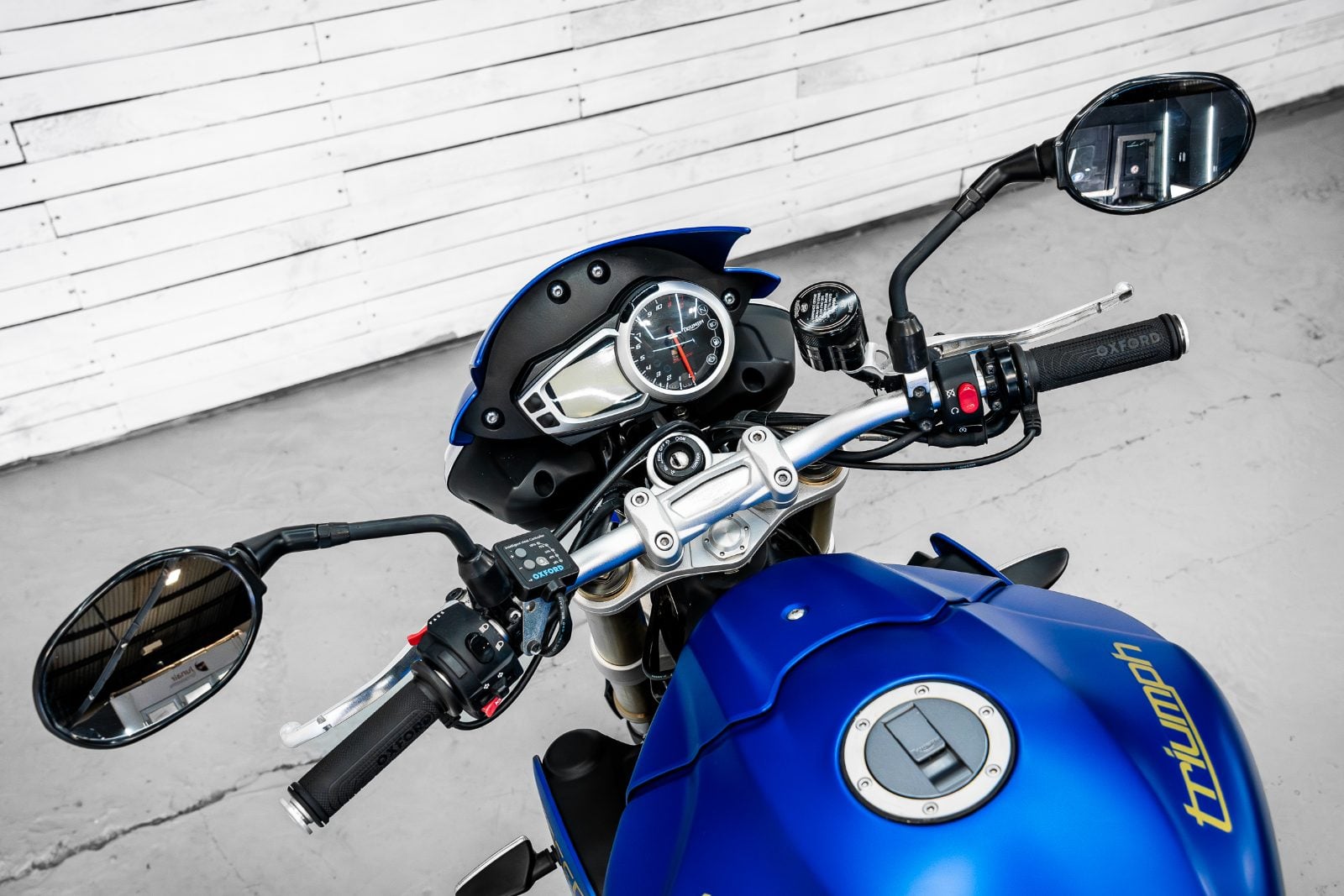 2014 Triumph Speed Triple 1050 ABS in Satin Blue - cockpit top-down view