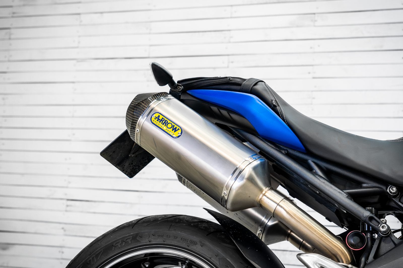 2014 Triumph Speed Triple 1050 ABS in Satin Blue - tail unit and Arrow exhaust