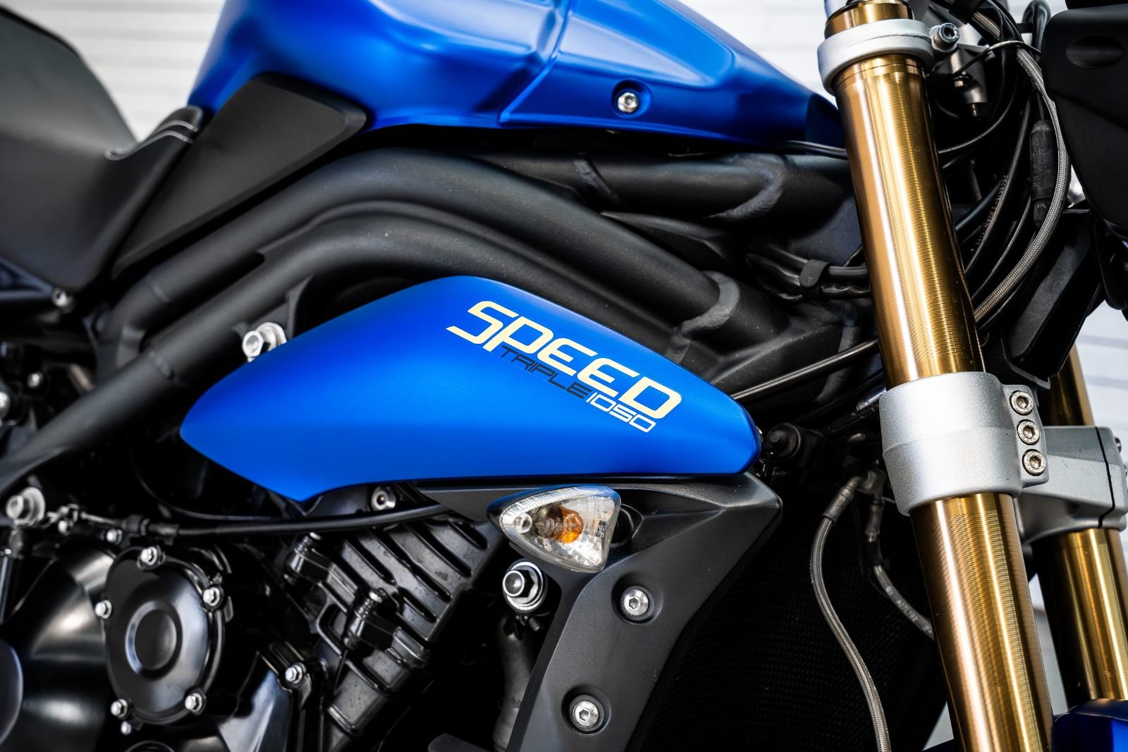 2014 Triumph Speed Triple 1050 ABS in Satin Blue - side panel and gold forks