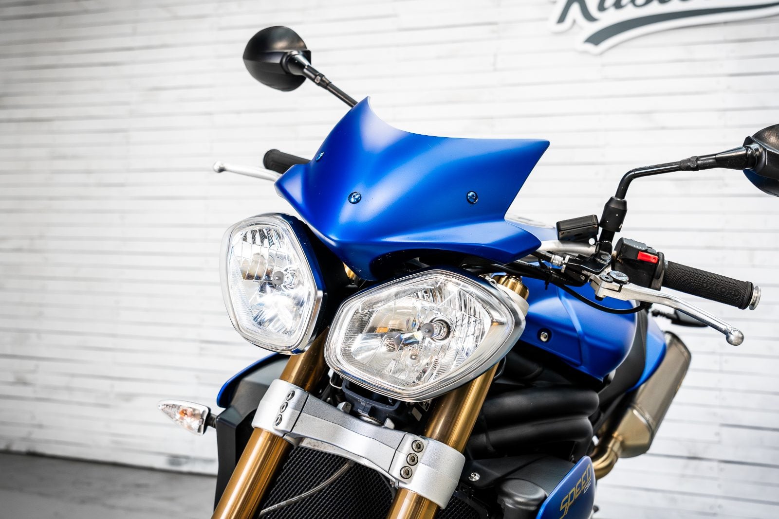 2014 Triumph Speed Triple 1050 ABS in Satin Blue - twin headlights and flyscreen