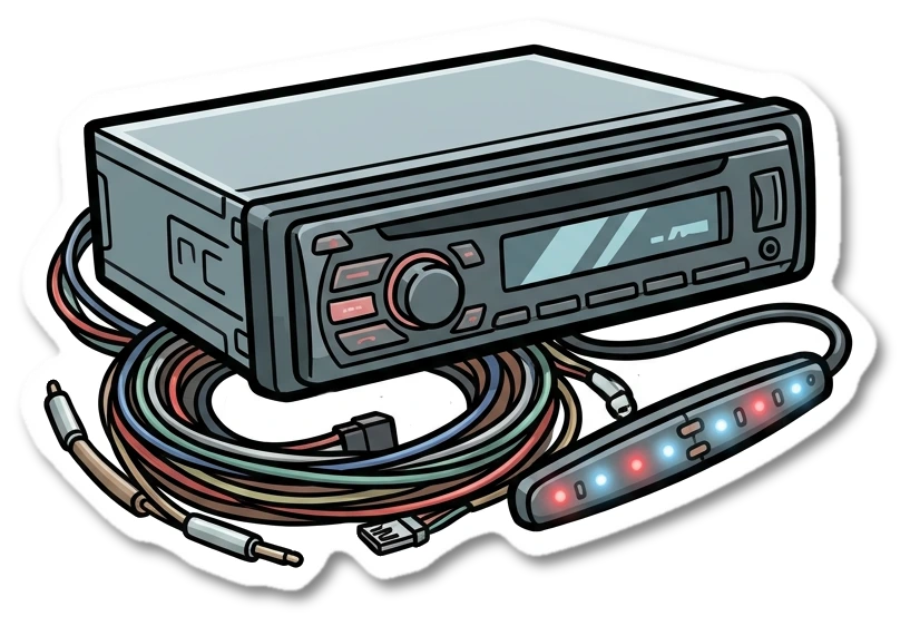 Car audio installation cartoon with head unit, wiring and LED lighting