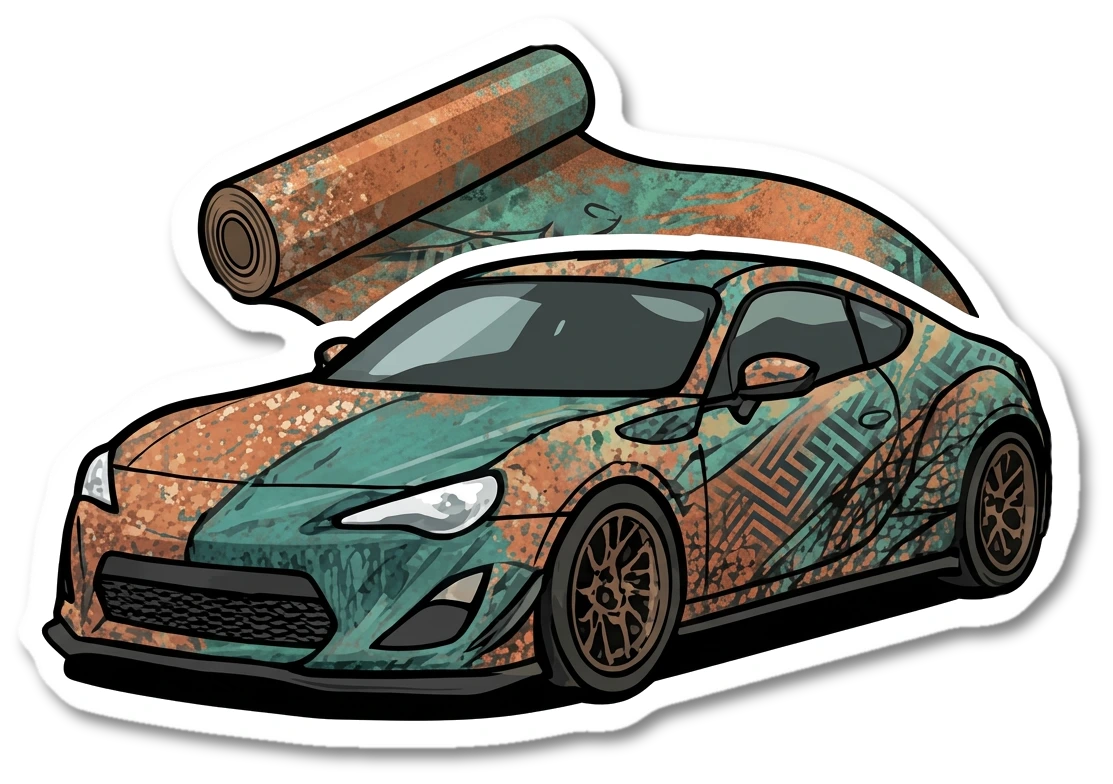 Custom car wrapping, vinyl wrap roll and wrapped sports car cartoon