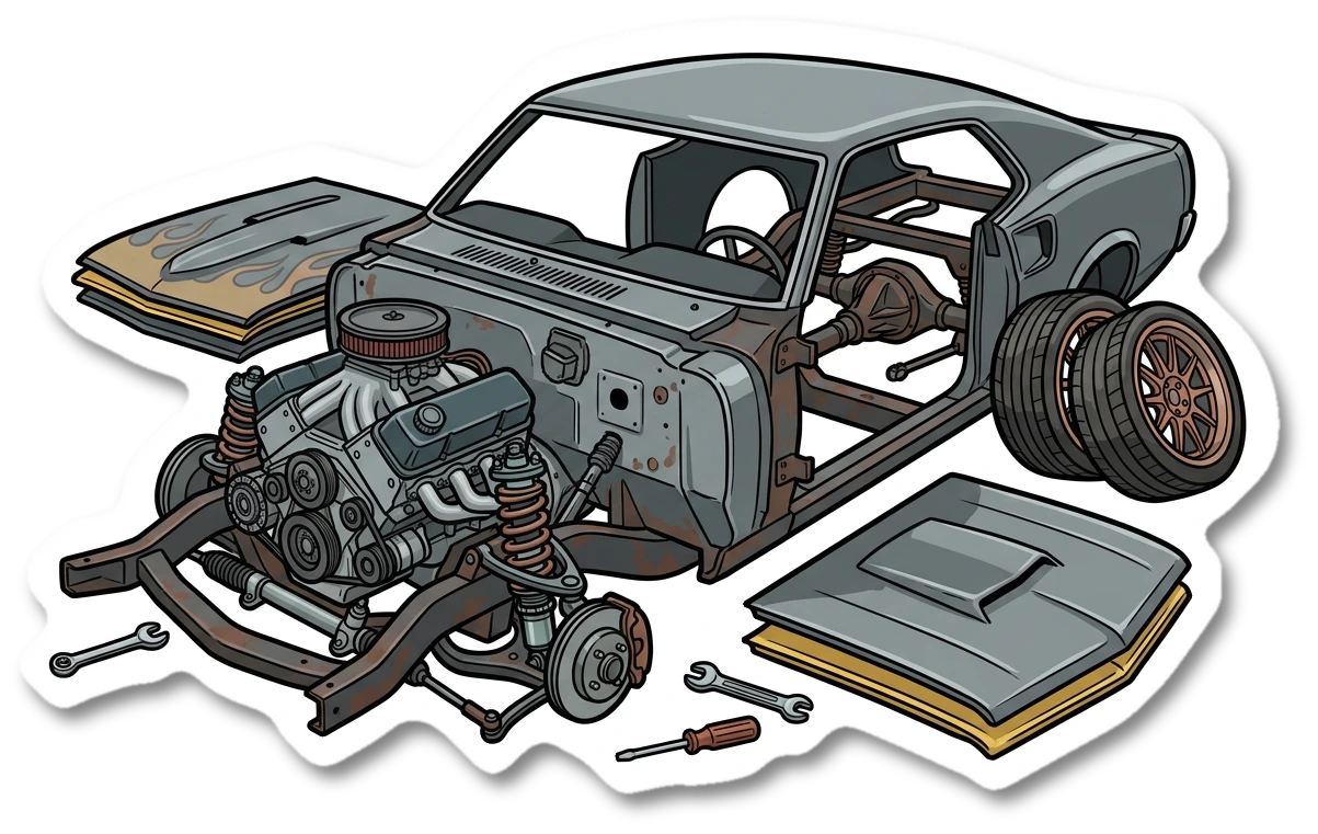 Wire wheel and fittings sticker illustration