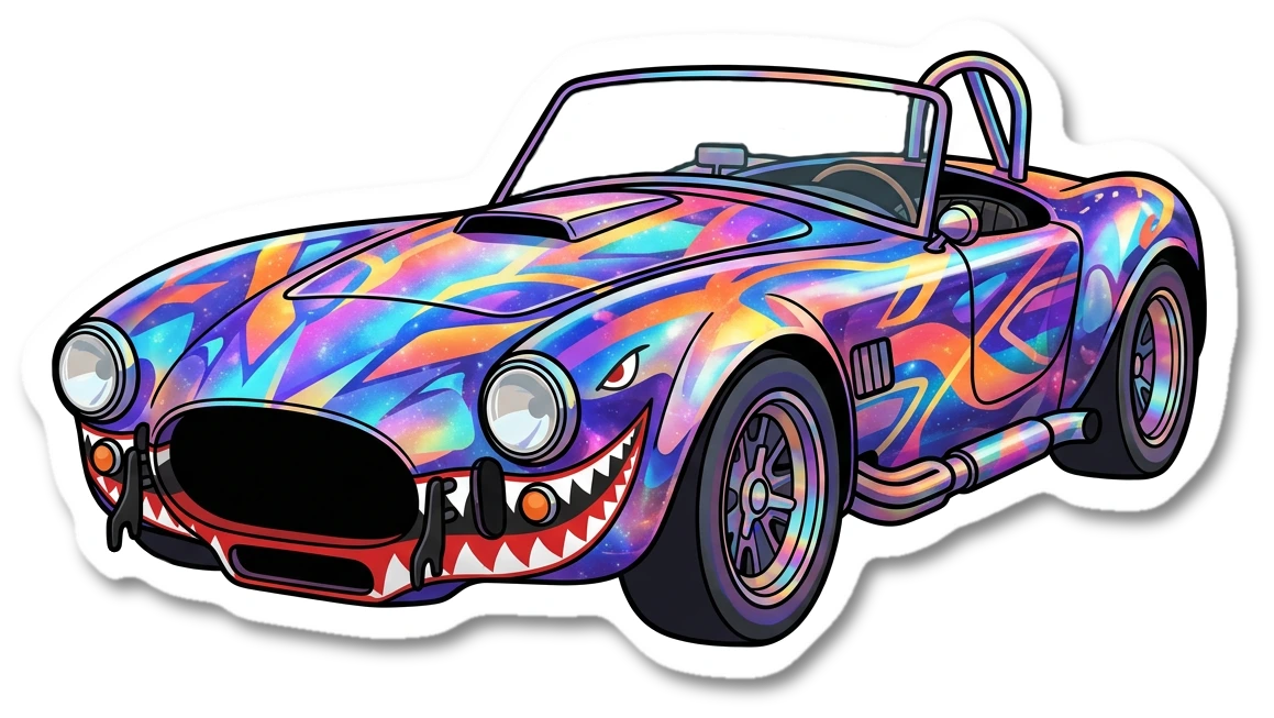 Wrapped classic roadster toy sticker illustration with shark grin