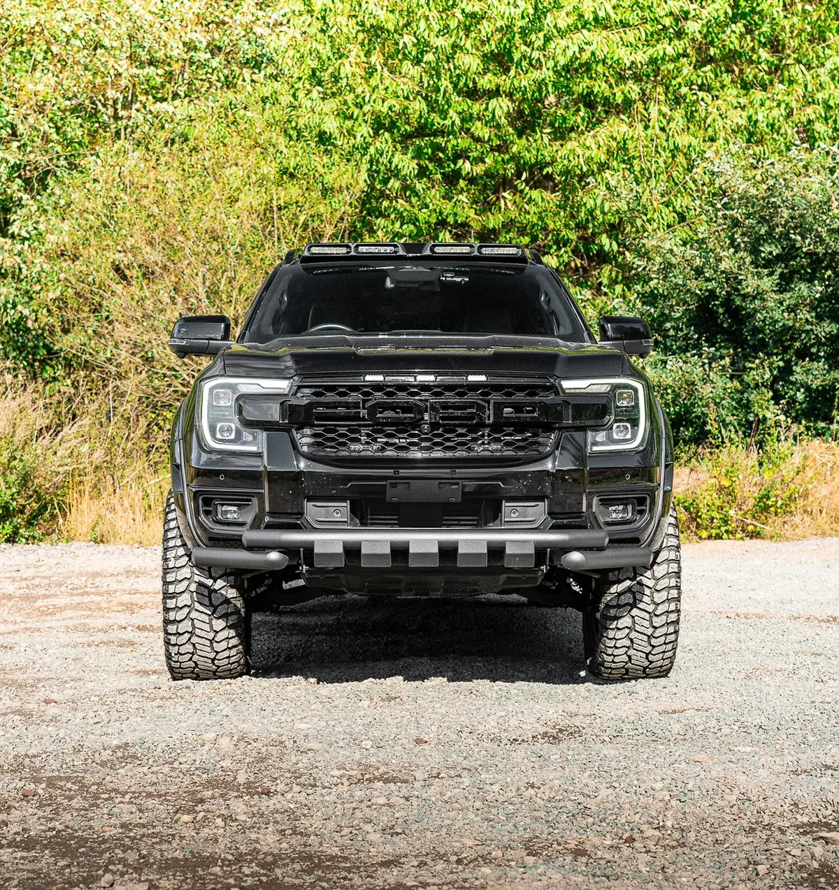 Lifted black Ford Ranger front view with wide arch body kit